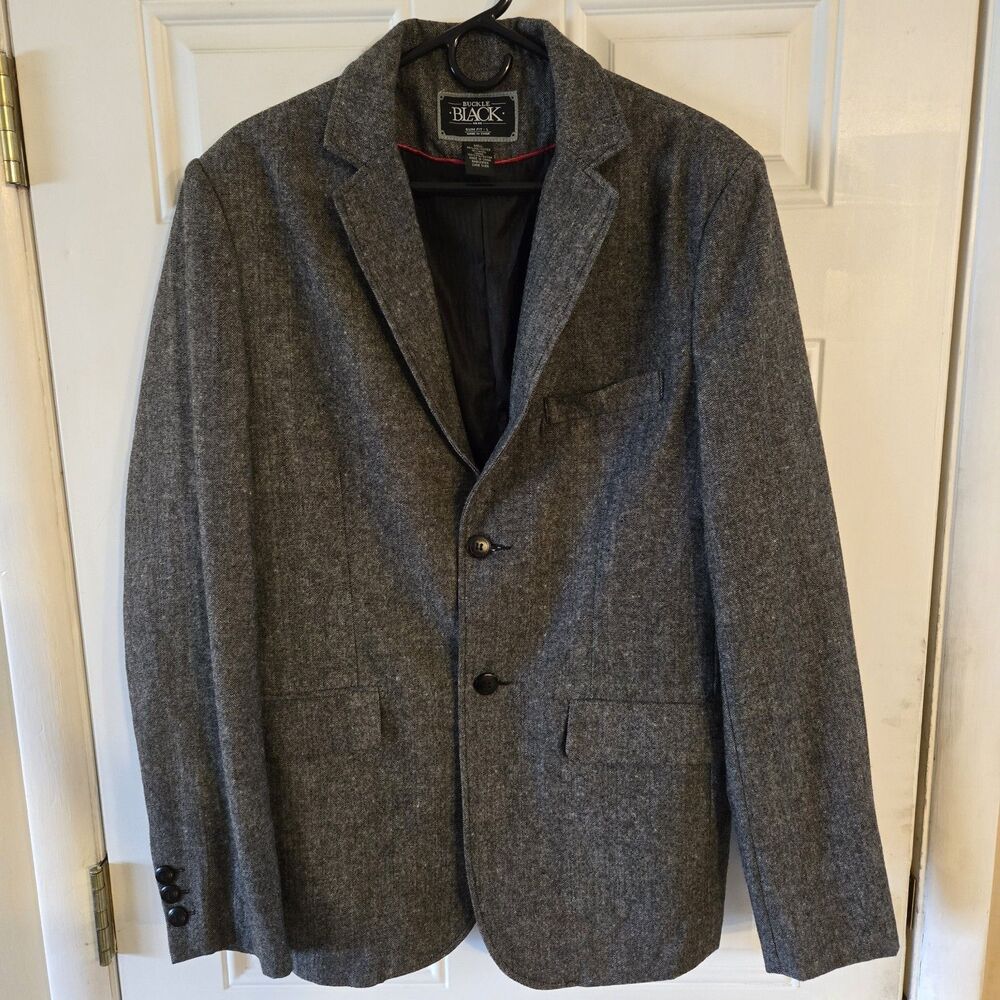 Buckle Black Slim Fit Blazer Jacket Mens L Gray Wool Blend Two Button Sport Coat